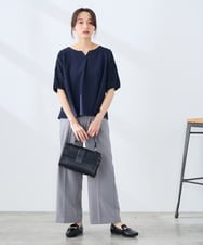 KALFE22079 a.v.v Elmi(アー・ヴェ・ヴェ) 【低身長サイズ】【洗える/UVカット】リネンライクストレッチワイドパンツ ネイビー