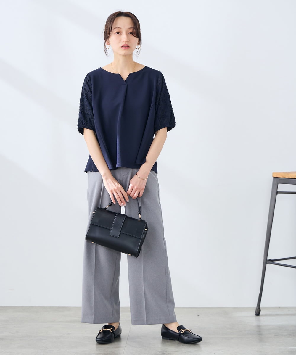 KALFE22079 a.v.v Elmi(アー・ヴェ・ヴェ) 【低身長サイズ】【洗える/UVカット】リネンライクストレッチワイドパンツ ネイビー