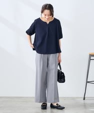 KALFE22079 a.v.v Elmi(アー・ヴェ・ヴェ) 【低身長サイズ】【洗える/UVカット】リネンライクストレッチワイドパンツ ネイビー