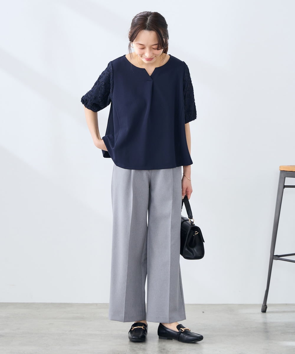 KALFE22079 a.v.v Elmi(アー・ヴェ・ヴェ) 【低身長サイズ】【洗える/UVカット】リネンライクストレッチワイドパンツ ネイビー