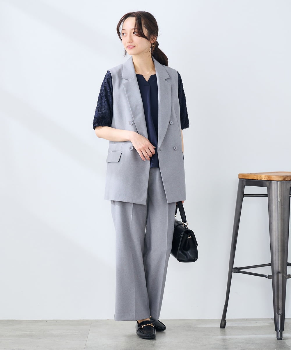 KALFE22079 a.v.v Elmi(アー・ヴェ・ヴェ) 【低身長サイズ】【洗える/UVカット】リネンライクストレッチワイドパンツ ネイビー