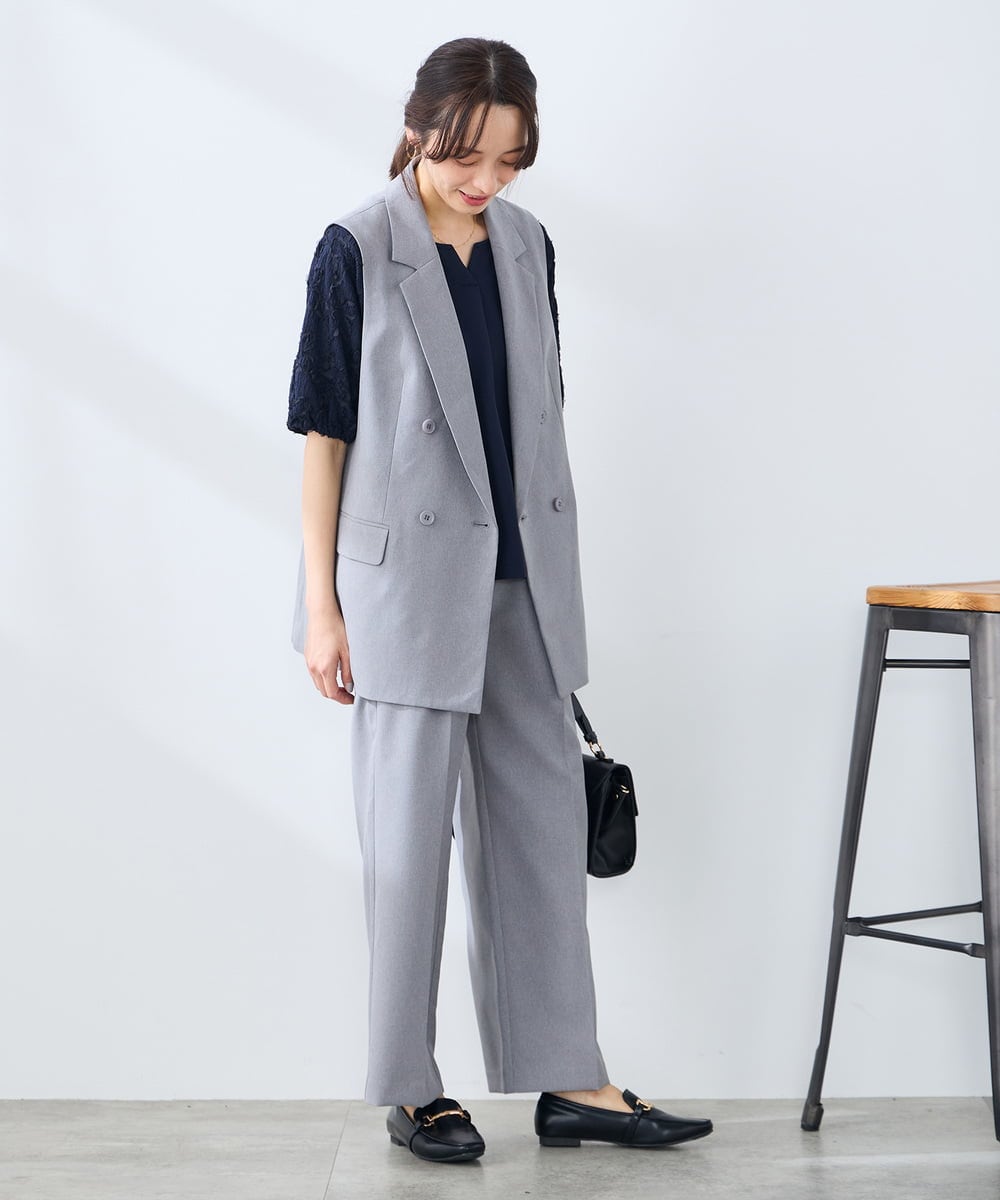 KALFE22079 a.v.v Elmi(アー・ヴェ・ヴェ) 【低身長サイズ】【洗える/UVカット】リネンライクストレッチワイドパンツ ネイビー