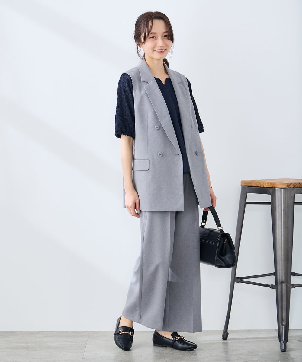 KALFE22079 a.v.v Elmi(アー・ヴェ・ヴェ) 【低身長サイズ】【洗える/UVカット】リネンライクストレッチワイドパンツ ネイビー