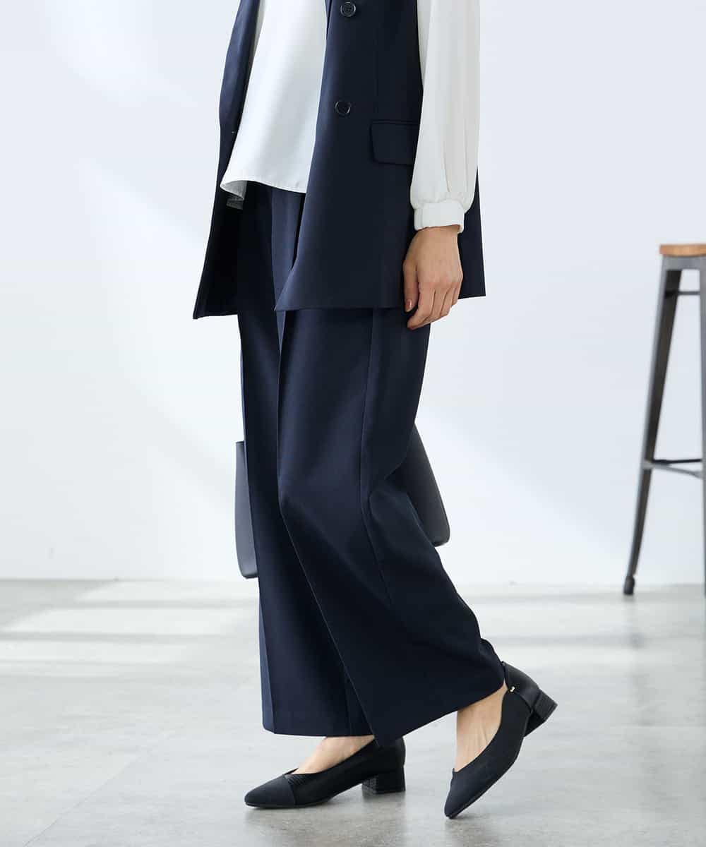 KALFE22079 a.v.v Elmi(アー・ヴェ・ヴェ) 【低身長サイズ】【洗える/UVカット】リネンライクストレッチワイドパンツ ネイビー