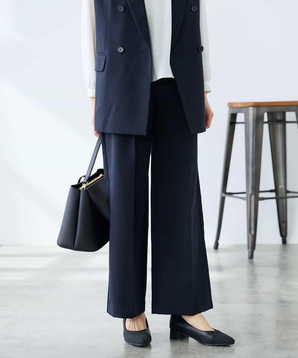 KALFE22079 a.v.v Elmi(アー・ヴェ・ヴェ) 【低身長サイズ】【洗える/UVカット】リネンライクストレッチワイドパンツ ネイビー