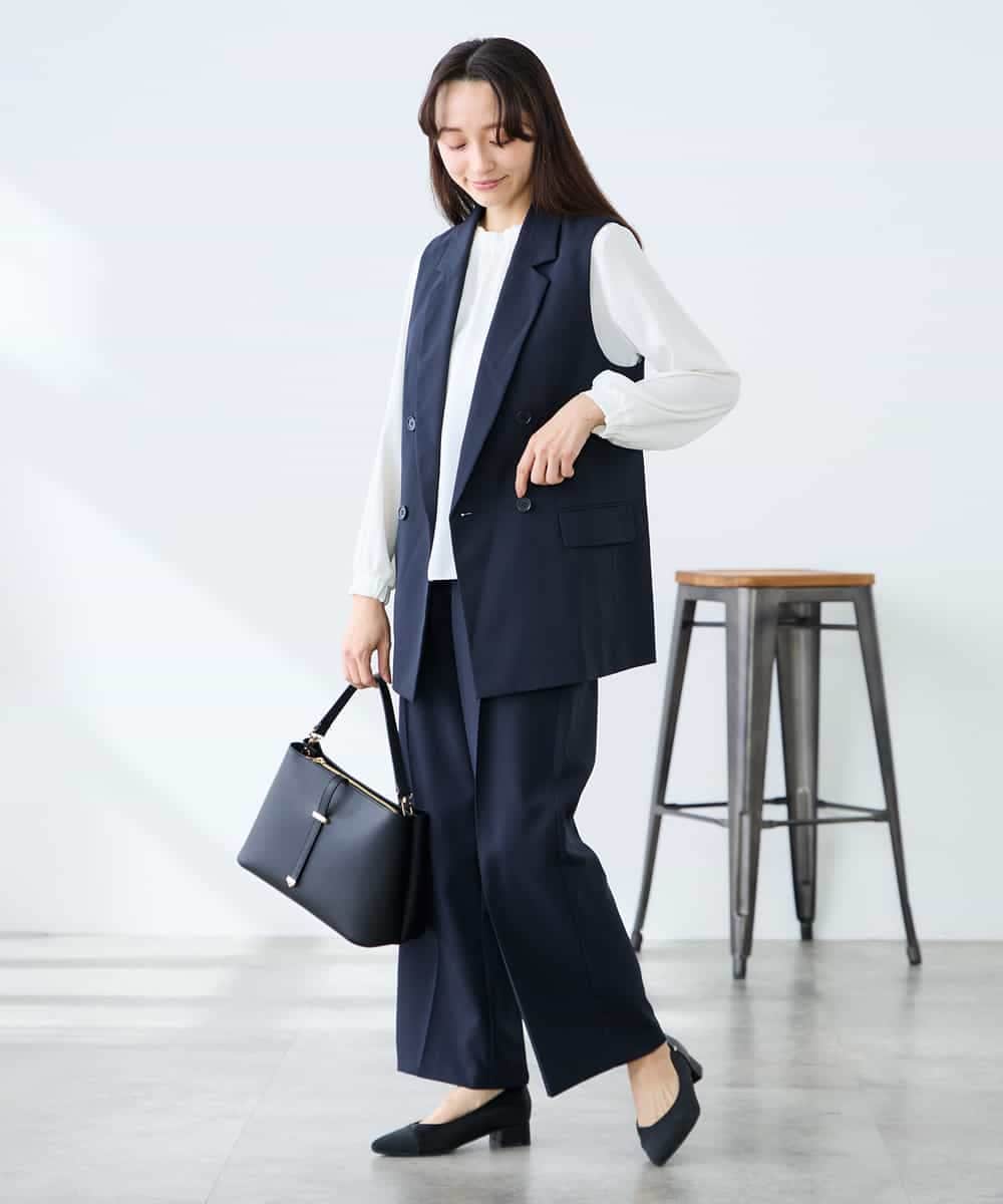 KALFE22079 a.v.v Elmi(アー・ヴェ・ヴェ) 【低身長サイズ】【洗える/UVカット】リネンライクストレッチワイドパンツ ネイビー