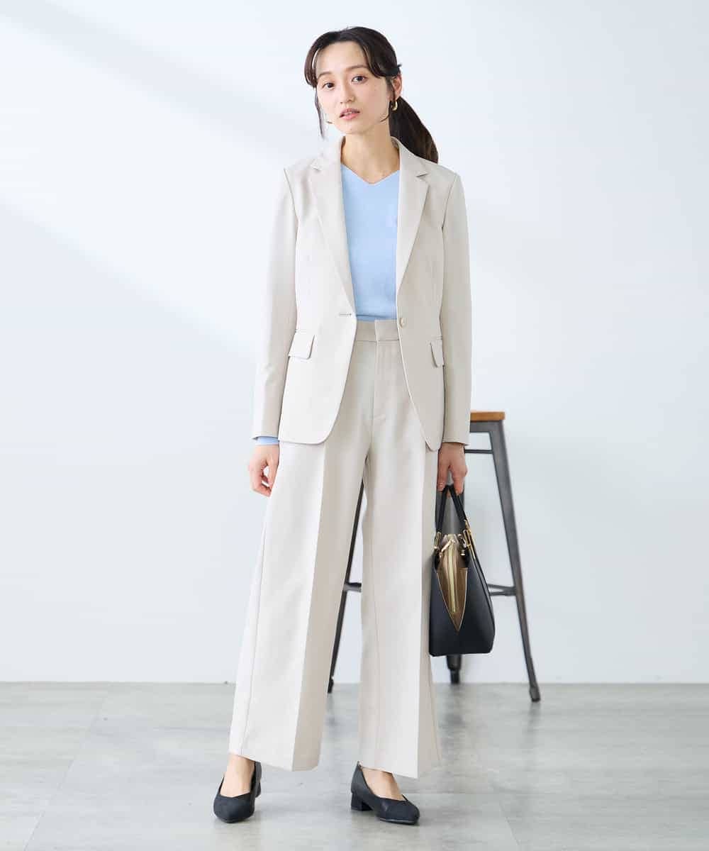 KALFE22079 a.v.v Elmi(アー・ヴェ・ヴェ) 【低身長サイズ】【洗える/UVカット】リネンライクストレッチワイドパンツ ネイビー