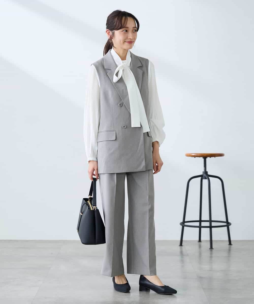 KALFE22079 a.v.v Elmi(アー・ヴェ・ヴェ) 【低身長サイズ】【洗える/UVカット】リネンライクストレッチワイドパンツ ネイビー