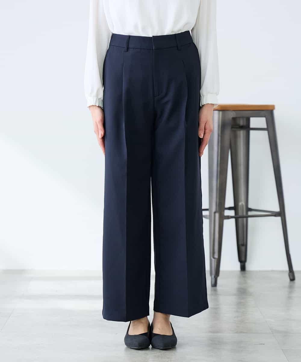 KALFE22079 a.v.v Elmi(アー・ヴェ・ヴェ) 【低身長サイズ】【洗える/UVカット】リネンライクストレッチワイドパンツ ネイビー