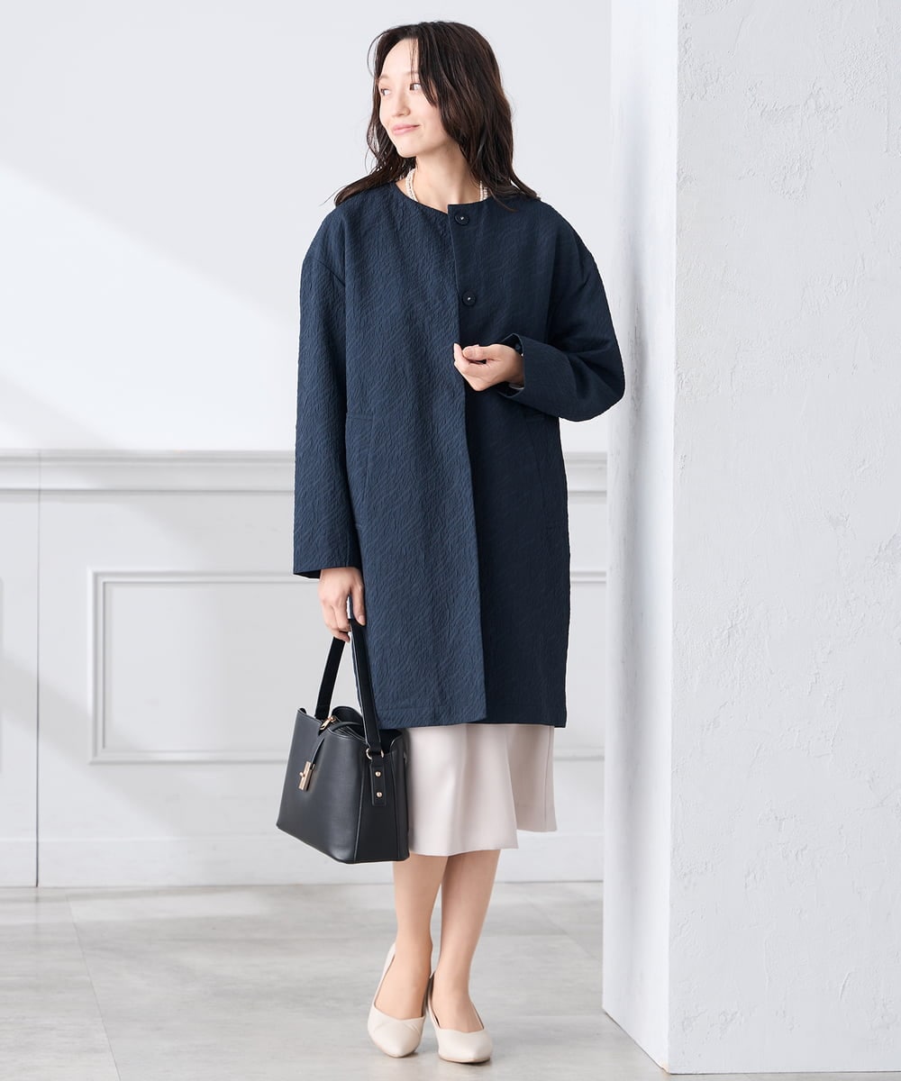KAUCD02129 a.v.v Elmi(アー・ヴェ・ヴェ) 【低身長サイズ】ジャガードノーカラーコート ネイビー