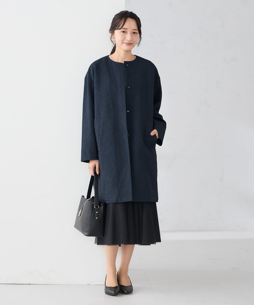 KAUCD02129 a.v.v Elmi(アー・ヴェ・ヴェ) 【低身長サイズ】ジャガードノーカラーコート ネイビー