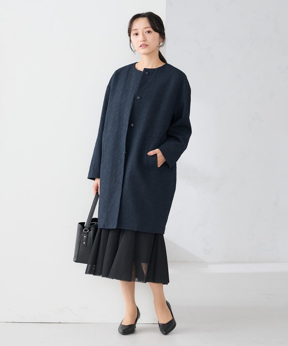 KAUCD02129 a.v.v Elmi(アー・ヴェ・ヴェ) 【低身長サイズ】ジャガードノーカラーコート ネイビー