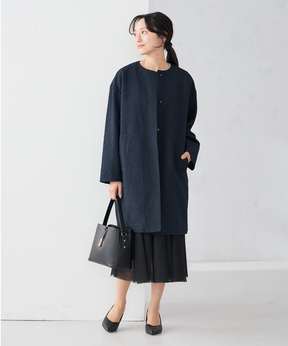 KAUCD02129 a.v.v Elmi(アー・ヴェ・ヴェ) 【低身長サイズ】ジャガードノーカラーコート ネイビー