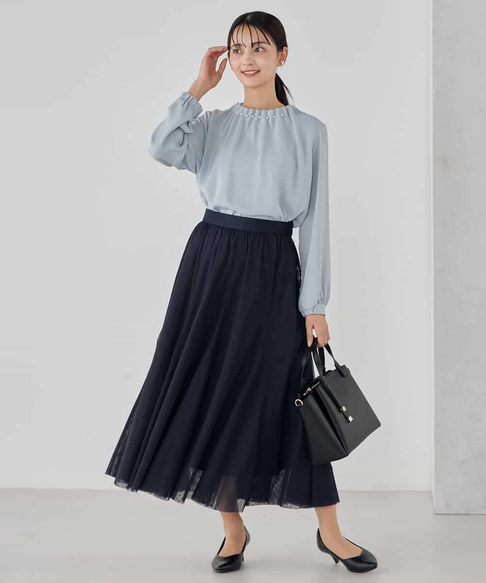 KBBCD03059 a.v.v(アー・ヴェ・ヴェ) 【洗える】タックネックブラウス ライトブルー