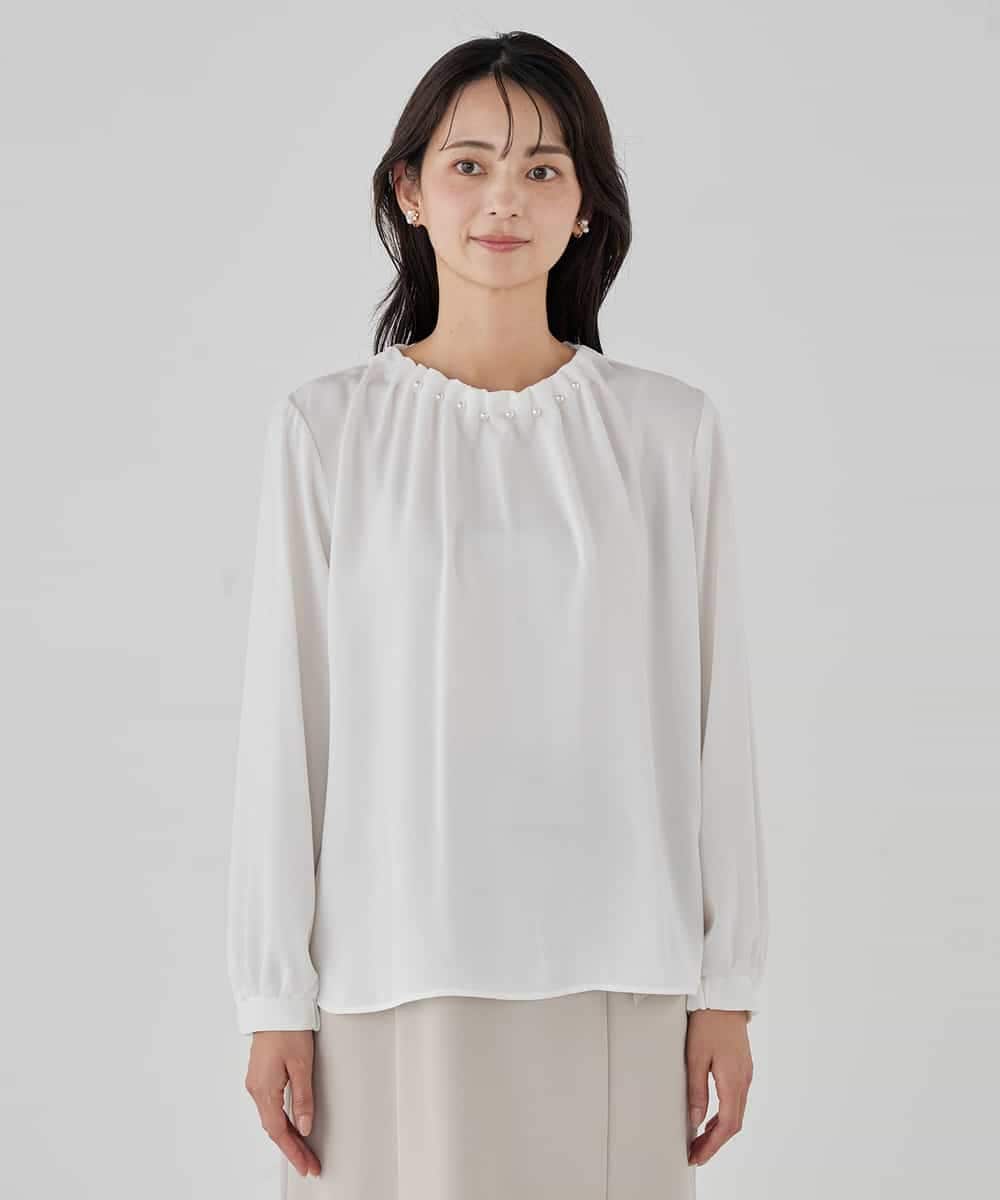 KBBCD03059 a.v.v(アー・ヴェ・ヴェ) 【洗える】タックネックブラウス ライトブルー