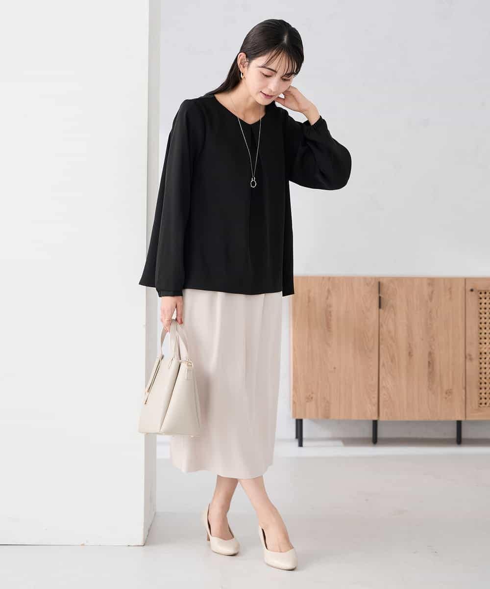 KBBCD05059 a.v.v(アー・ヴェ・ヴェ) サテンバックフレアブラウス【洗える/速乾/毛玉になりにくい/イージーケア】 ブラック