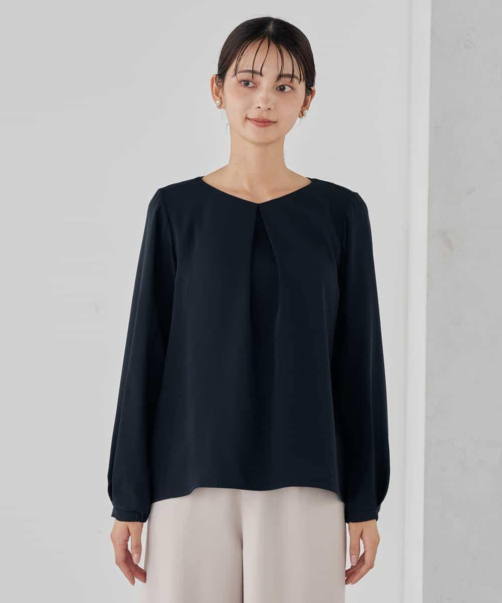 KBBCD05059 a.v.v(アー・ヴェ・ヴェ) サテンバックフレアブラウス【洗える/速乾/毛玉になりにくい/イージーケア】 ブラック