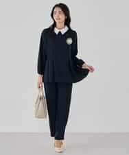 KBBCD06059 a.v.v(アー・ヴェ・ヴェ) 2WAYサテン襟付きペプラムブラウス【洗える/速乾/毛玉になりにくい/イージーケア】 ネイビー