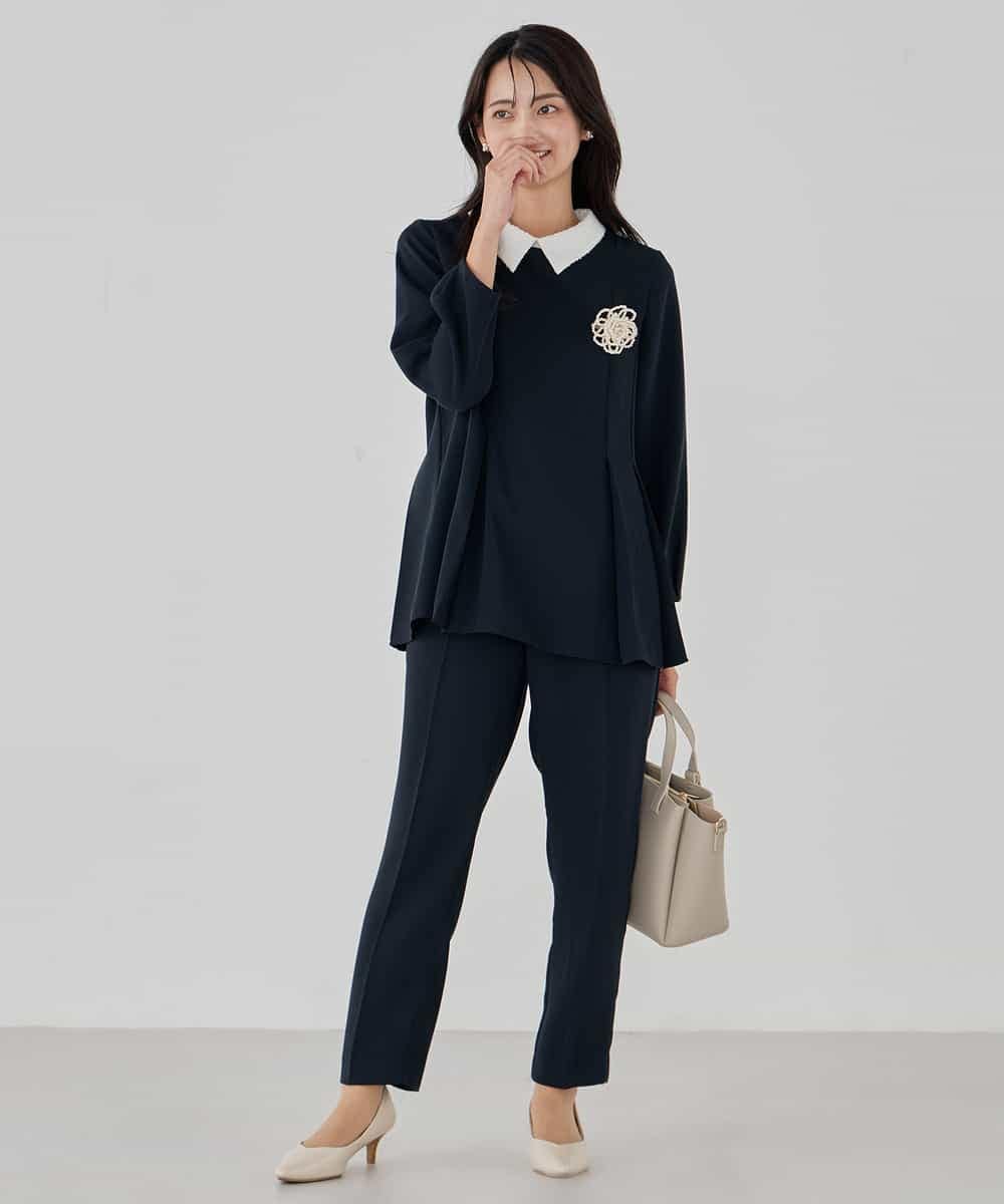 KBBCD06059 a.v.v(アー・ヴェ・ヴェ) 2WAYサテン襟付きペプラムブラウス【洗える/速乾/毛玉になりにくい/イージーケア】 ネイビー