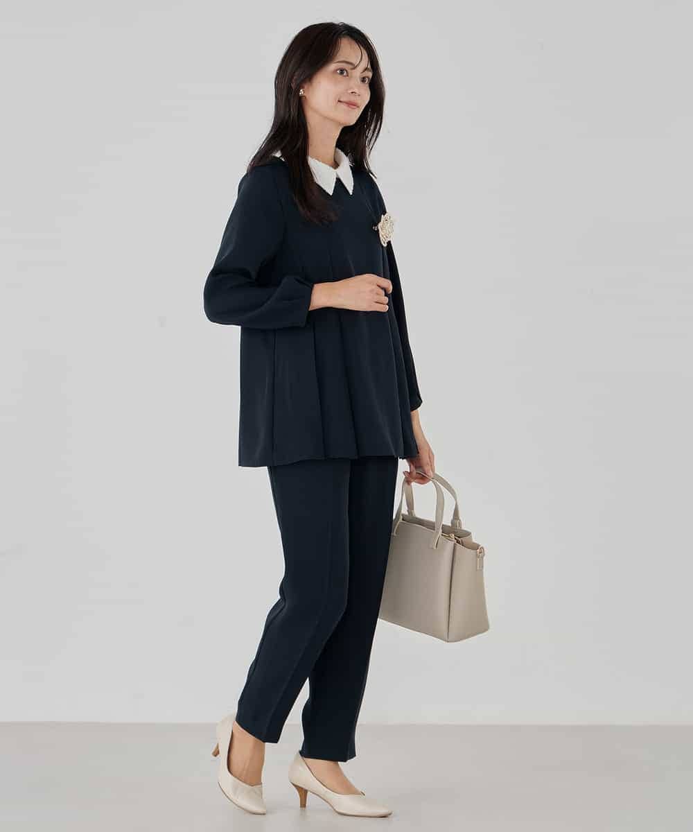KBBCD06059 a.v.v(アー・ヴェ・ヴェ) 2WAYサテン襟付きペプラムブラウス【洗える/速乾/毛玉になりにくい/イージーケア】 ネイビー
