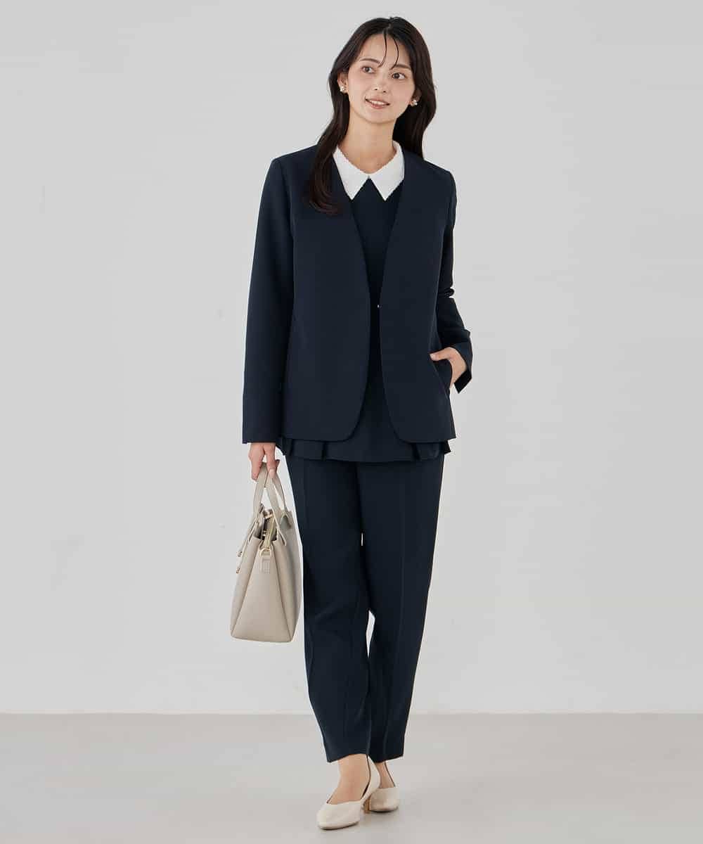 KBBCD06059 a.v.v(アー・ヴェ・ヴェ) 2WAYサテン襟付きペプラムブラウス【洗える/速乾/毛玉になりにくい/イージーケア】 ネイビー