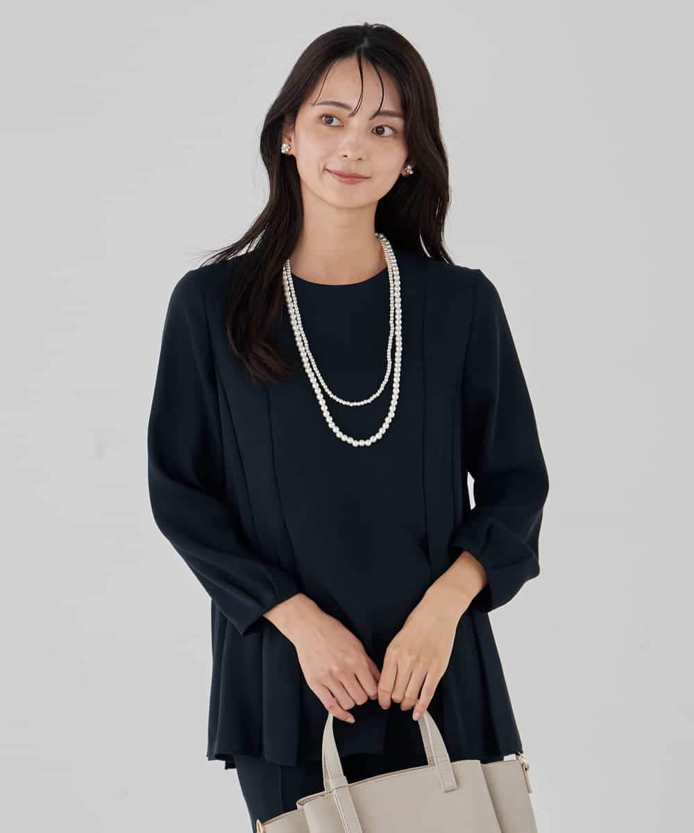 KBBCD06059 a.v.v(アー・ヴェ・ヴェ) 2WAYサテン襟付きペプラムブラウス【洗える/速乾/毛玉になりにくい/イージーケア】 ネイビー