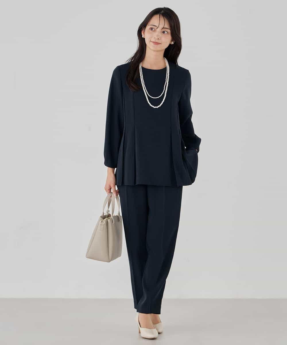 KBBCD06059 a.v.v(アー・ヴェ・ヴェ) 2WAYサテン襟付きペプラムブラウス【洗える/速乾/毛玉になりにくい/イージーケア】 ネイビー