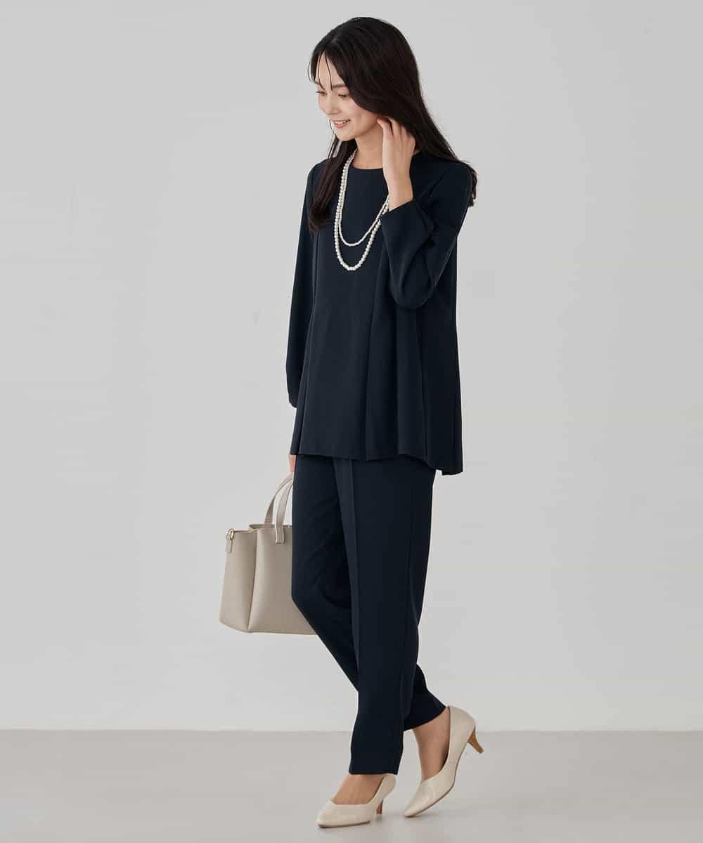 KBBCD06059 a.v.v(アー・ヴェ・ヴェ) 2WAYサテン襟付きペプラムブラウス【洗える/速乾/毛玉になりにくい/イージーケア】 ネイビー