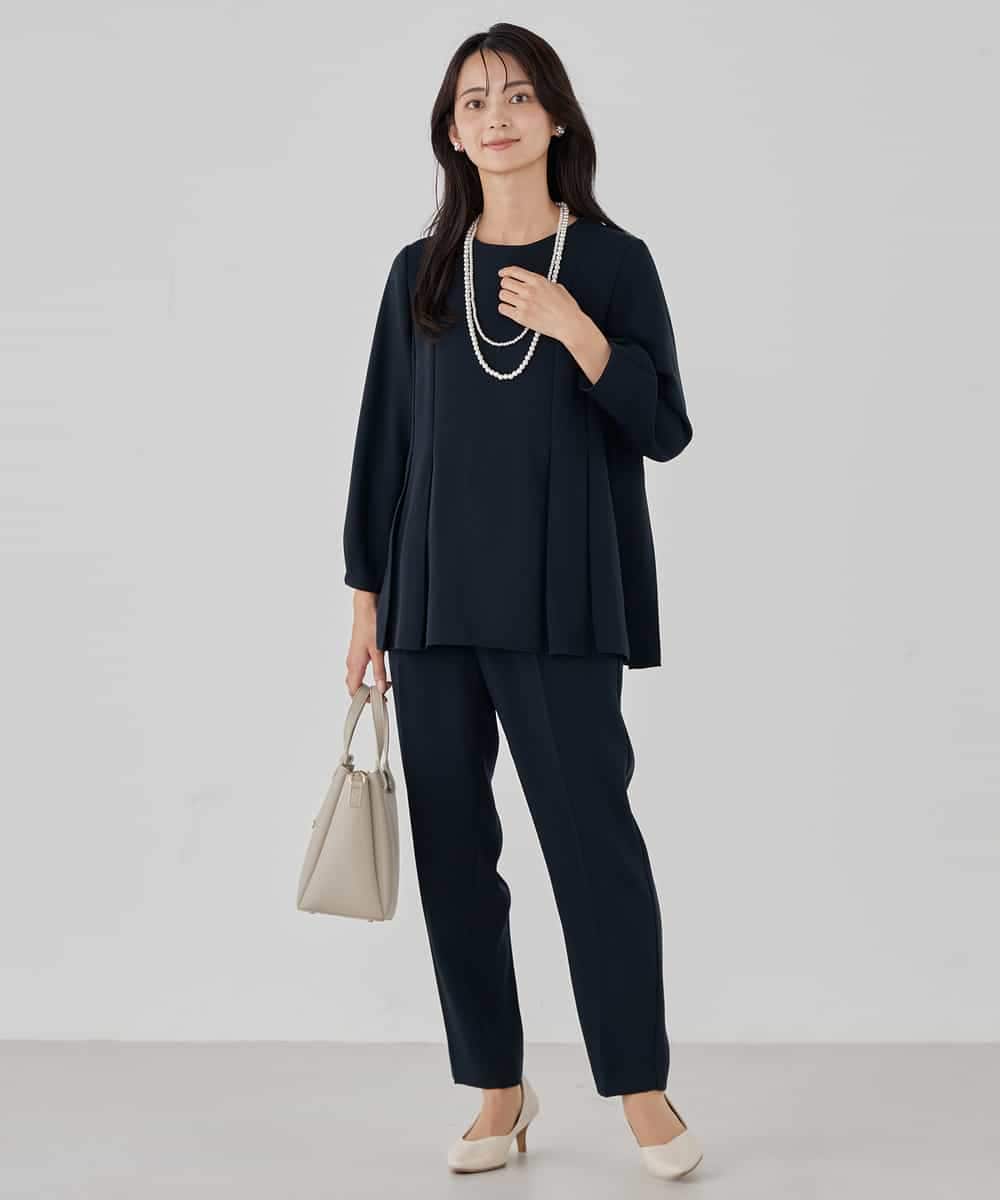 KBBCD06059 a.v.v(アー・ヴェ・ヴェ) 2WAYサテン襟付きペプラムブラウス【洗える/速乾/毛玉になりにくい/イージーケア】 ネイビー