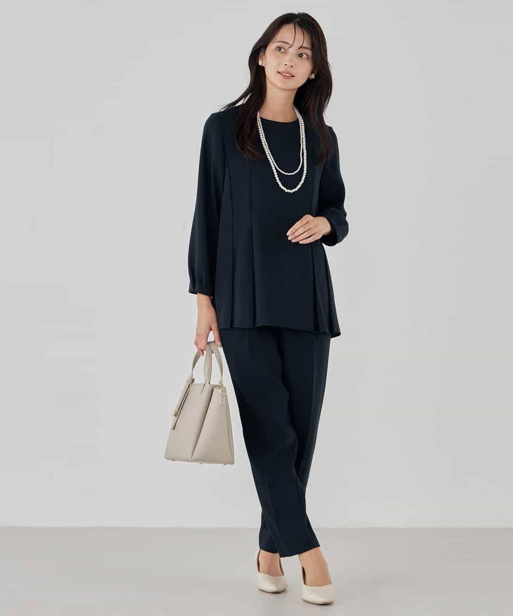 KBBCD06059 a.v.v(アー・ヴェ・ヴェ) 2WAYサテン襟付きペプラムブラウス【洗える/速乾/毛玉になりにくい/イージーケア】 ネイビー