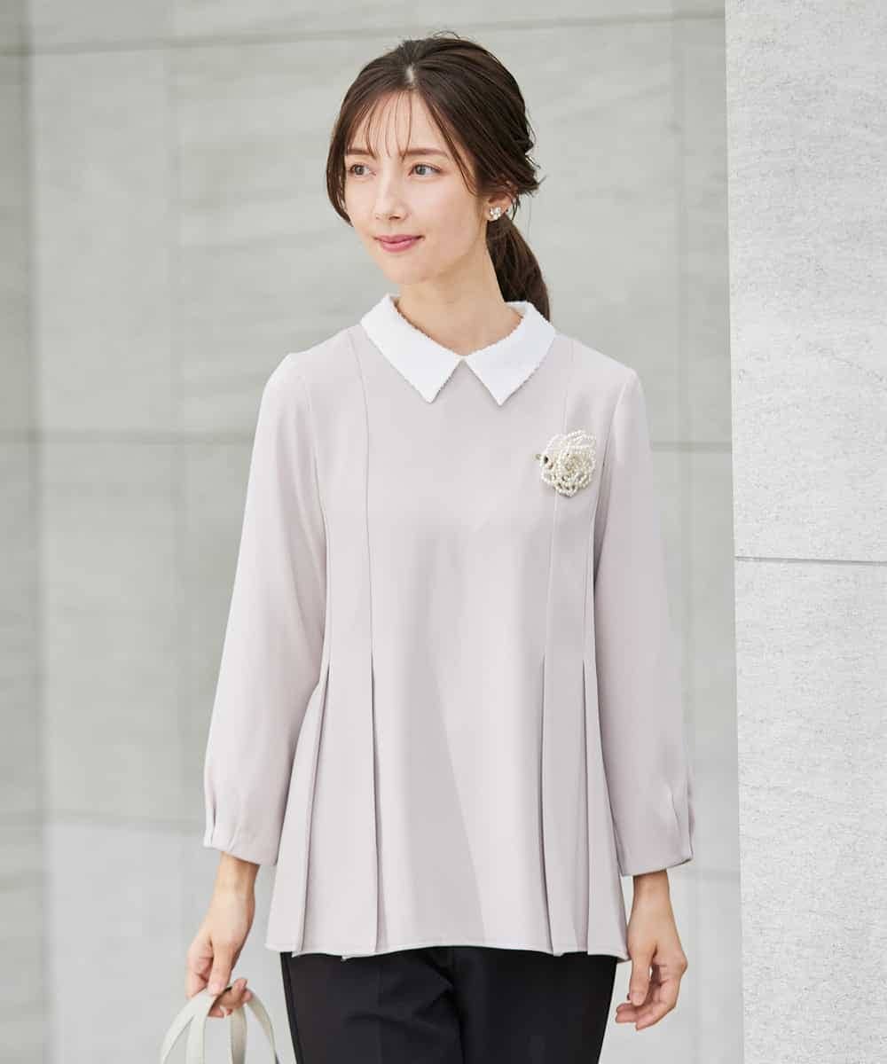 KBBCD06059 a.v.v(アー・ヴェ・ヴェ) 2WAYサテン襟付きペプラムブラウス【洗える/速乾/毛玉になりにくい/イージーケア】 ネイビー