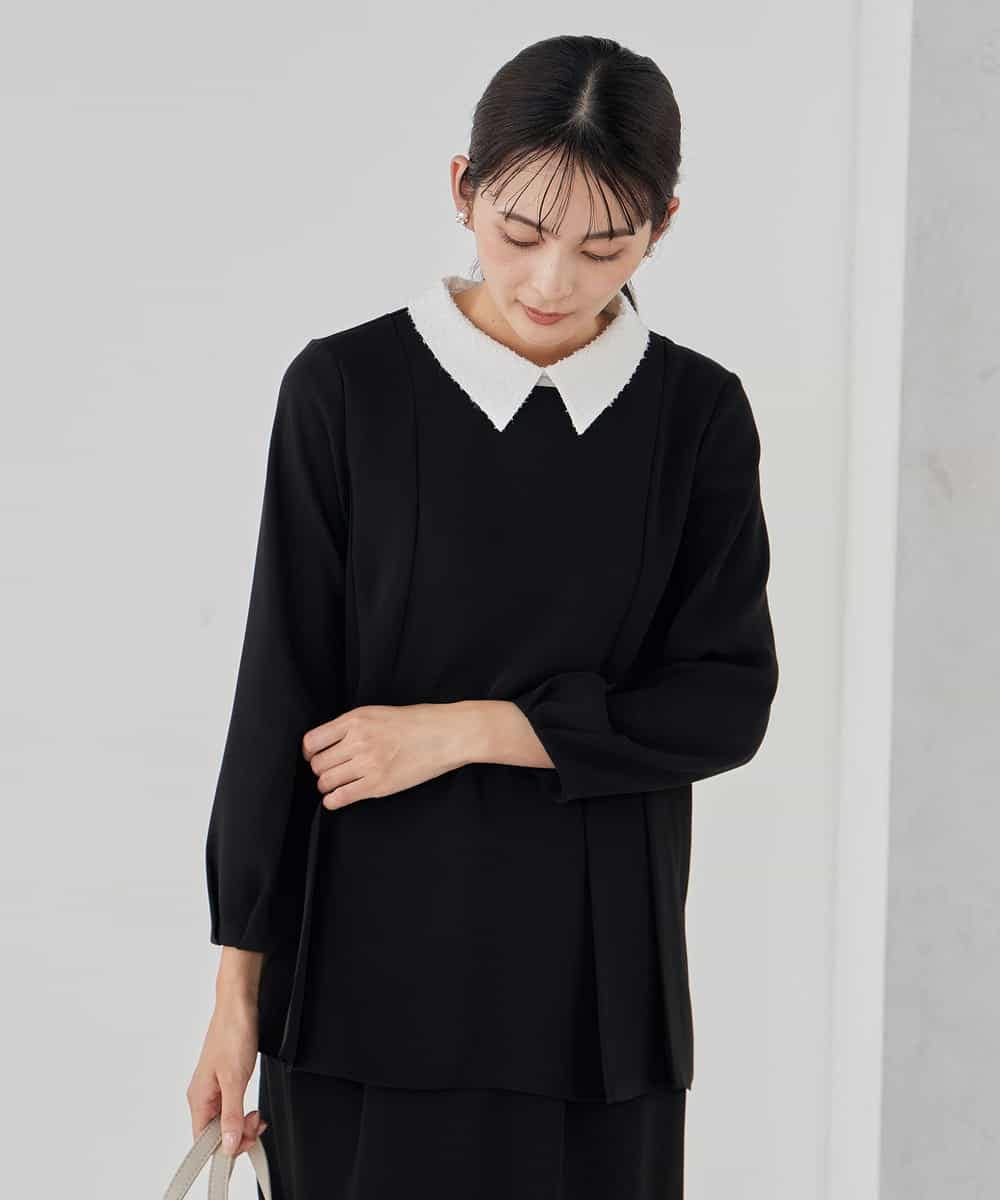 KBBCD06059 a.v.v(アー・ヴェ・ヴェ) 2WAYサテン襟付きペプラムブラウス【洗える/速乾/毛玉になりにくい/イージーケア】 ネイビー