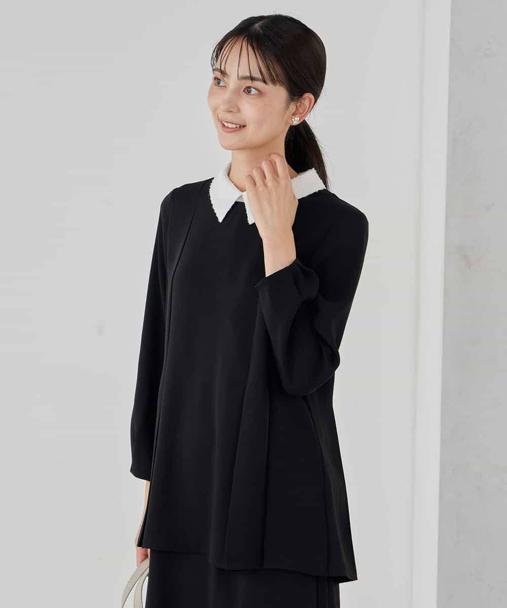 KBBCD06059 a.v.v(アー・ヴェ・ヴェ) 2WAYサテン襟付きペプラムブラウス【洗える/速乾/毛玉になりにくい/イージーケア】 ネイビー