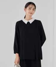 KBBCD06059 a.v.v(アー・ヴェ・ヴェ) 2WAYサテン襟付きペプラムブラウス【洗える/速乾/毛玉になりにくい/イージーケア】 ネイビー