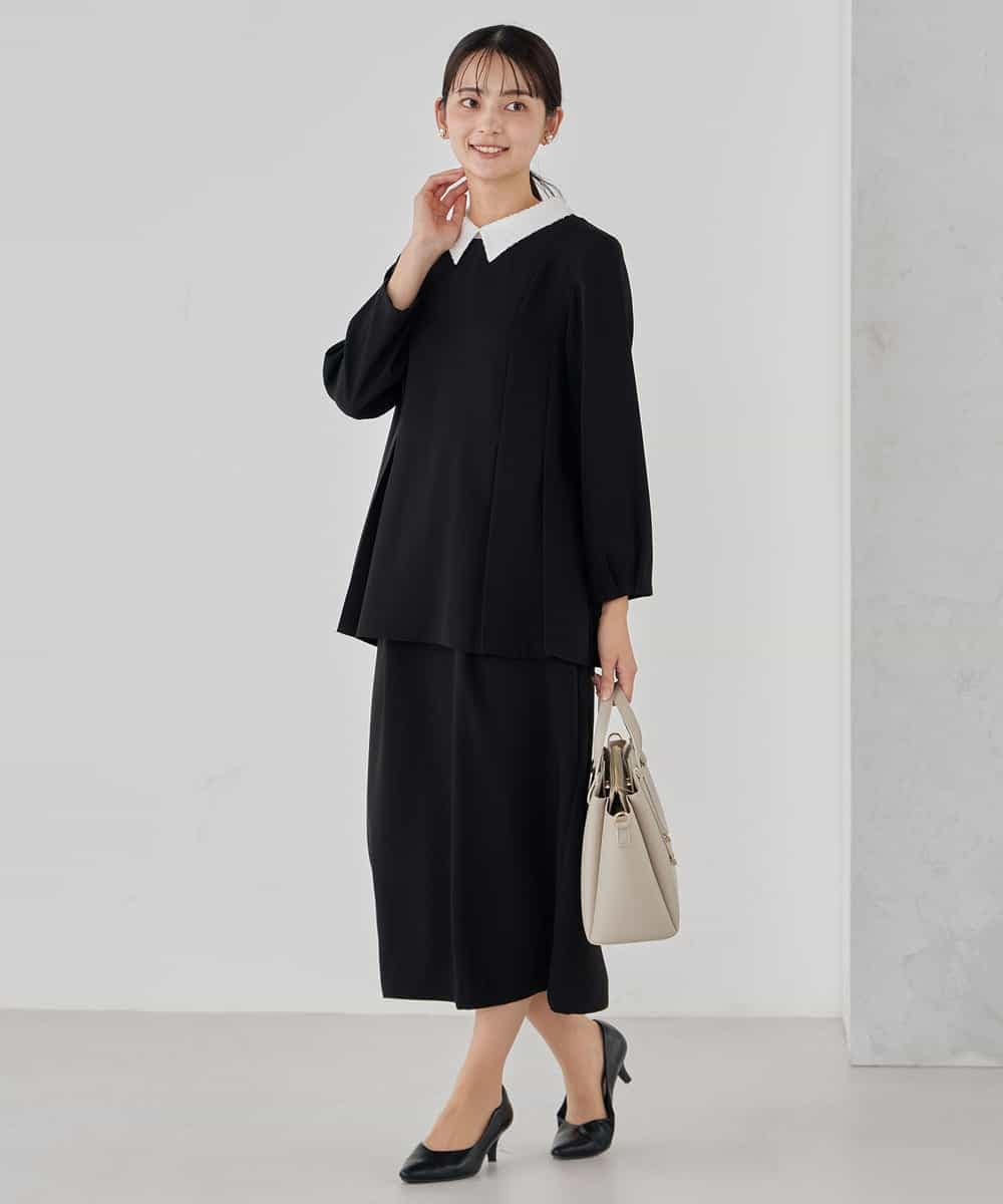 KBBCD06059 a.v.v(アー・ヴェ・ヴェ) 2WAYサテン襟付きペプラムブラウス【洗える/速乾/毛玉になりにくい/イージーケア】 ネイビー