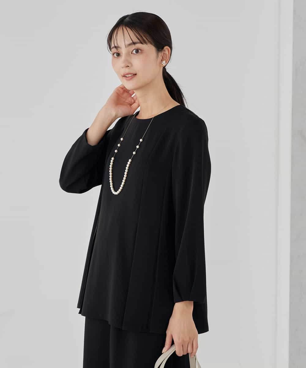 KBBCD06059 a.v.v(アー・ヴェ・ヴェ) 2WAYサテン襟付きペプラムブラウス【洗える/速乾/毛玉になりにくい/イージーケア】 ネイビー