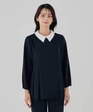 KBBCD06059 a.v.v(アー・ヴェ・ヴェ) 2WAYサテン襟付きペプラムブラウス【洗える/速乾/毛玉になりにくい/イージーケア】 ネイビー