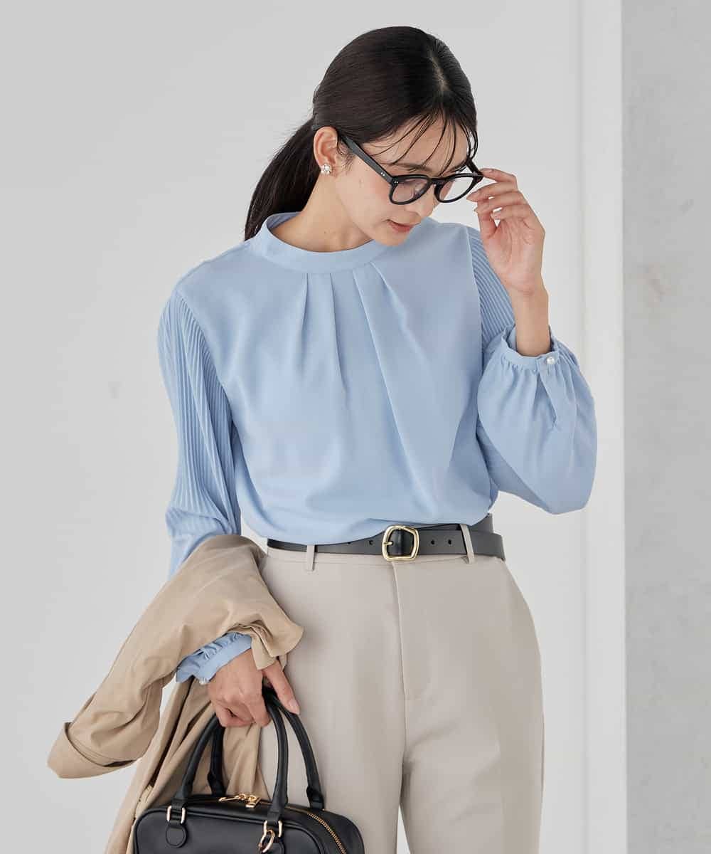 KBBCD07059 a.v.v(アー・ヴェ・ヴェ) 【洗える】2WAY袖プリーツボウタイブラウス ライトブルー