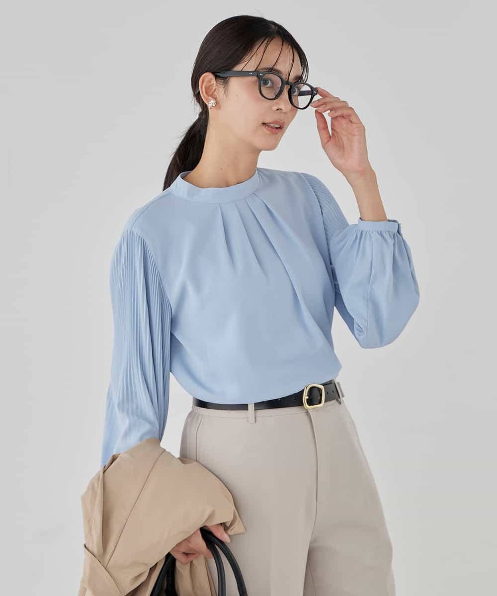 KBBCD07059 a.v.v(アー・ヴェ・ヴェ) 【洗える】2WAY袖プリーツボウタイブラウス ライトブルー