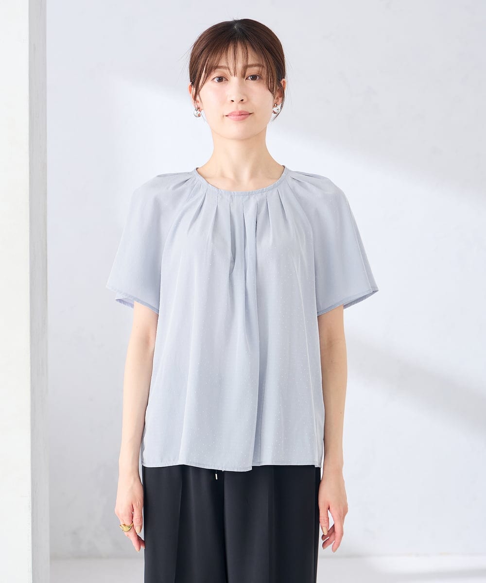 KBBGE11059 a.v.v(アー・ヴェ・ヴェ) 【洗える】ドビードットフレアスリーブブラウス ライトブルー