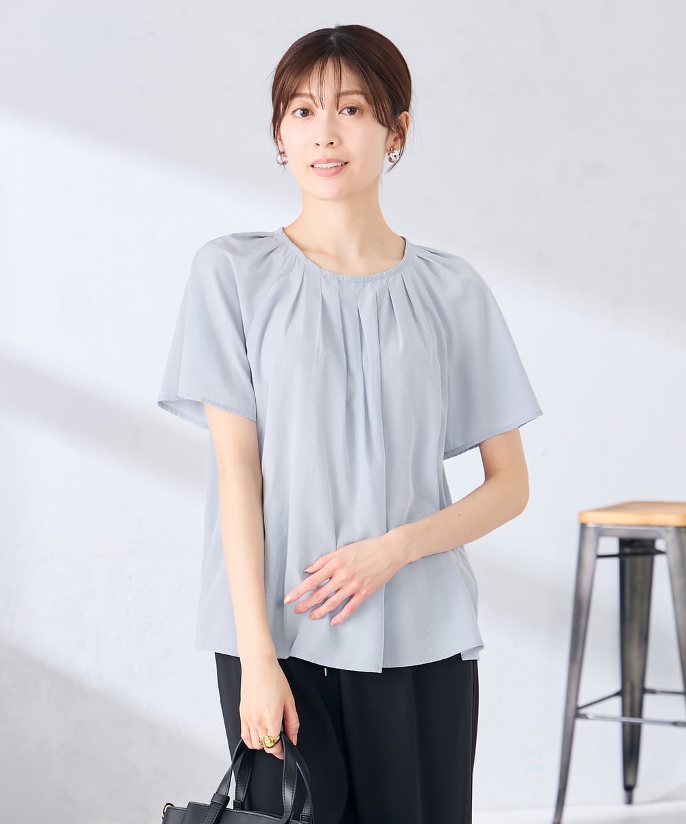 KBBGE11059 a.v.v(アー・ヴェ・ヴェ) 【洗える】ドビードットフレアスリーブブラウス ライトブルー