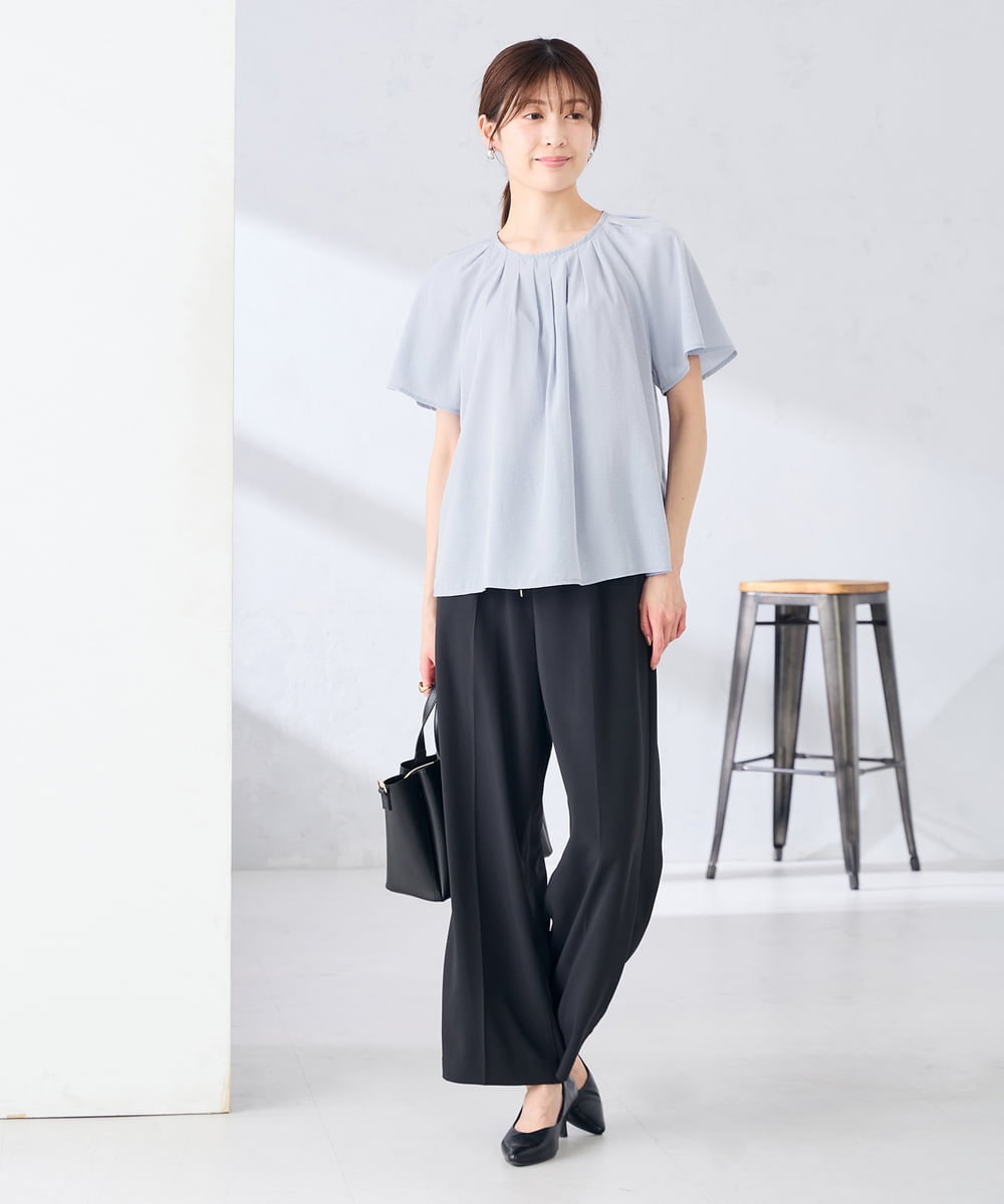 KBBGE11059 a.v.v(アー・ヴェ・ヴェ) 【洗える】ドビードットフレアスリーブブラウス ライトブルー