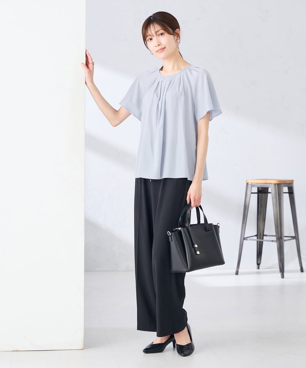 KBBGE11059 a.v.v(アー・ヴェ・ヴェ) 【洗える】ドビードットフレアスリーブブラウス ライトブルー