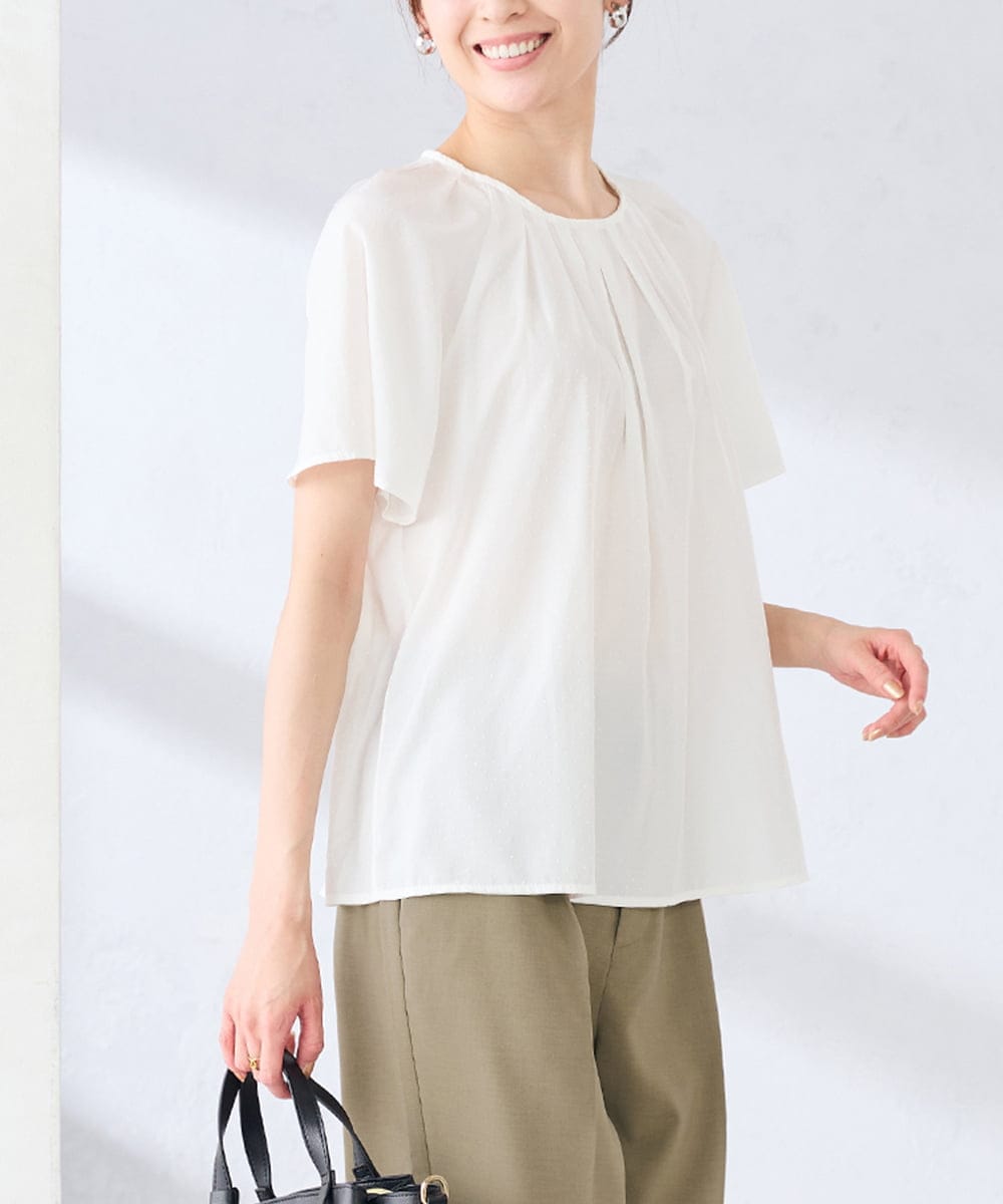 KBBGE11059 a.v.v(アー・ヴェ・ヴェ) 【洗える】ドビードットフレアスリーブブラウス ホワイト
