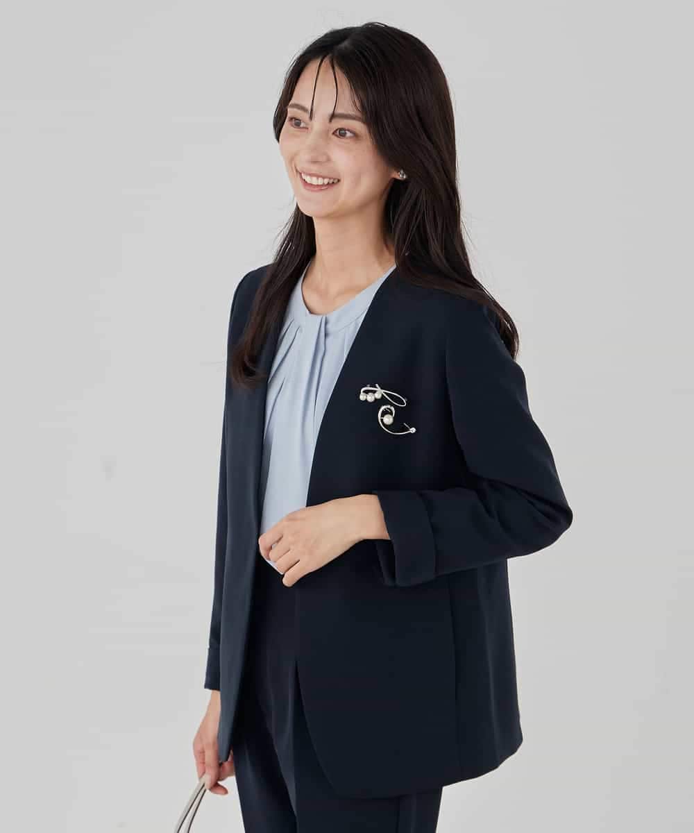 KBDCD01099 a.v.v(アー・ヴェ・ヴェ) 【洗える/ストレッチ/セットアップ対応】ダブルクロスVネックノーカラージャケット ブラック