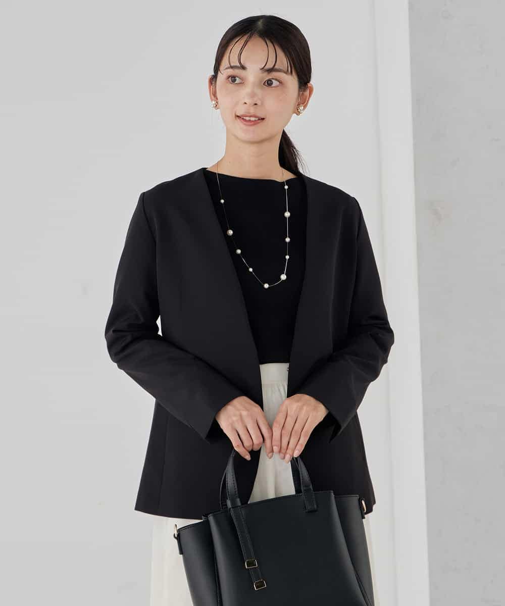 KBDCD01099 a.v.v(アー・ヴェ・ヴェ) 【洗える/ストレッチ/セットアップ対応】ダブルクロスVネックノーカラージャケット ブラック