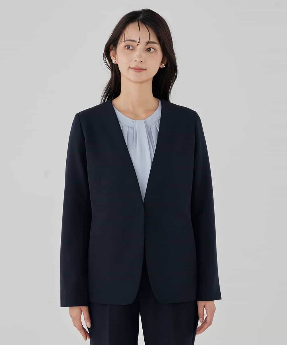 KBDCD01099 a.v.v(アー・ヴェ・ヴェ) 【洗える/ストレッチ/セットアップ対応】ダブルクロスVネックノーカラージャケット ブラック