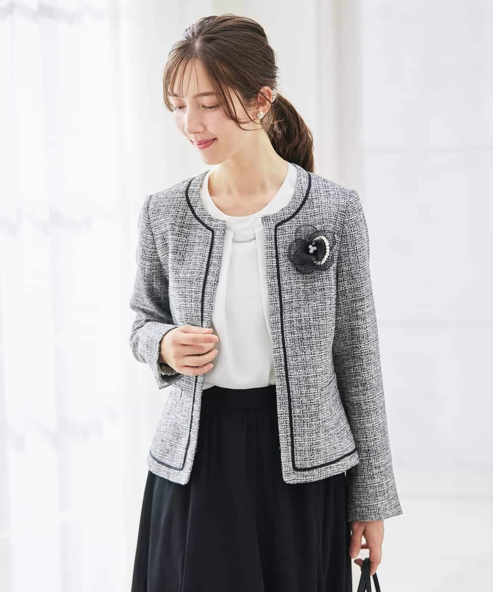 KBDCD05139 a.v.v(アー・ヴェ・ヴェ) 【ストレッチ】ツイードノーカラージャケット ダークグレー