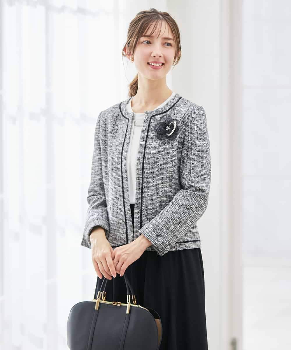 KBDCD05139 a.v.v(アー・ヴェ・ヴェ) 【ストレッチ】ツイードノーカラージャケット ダークグレー