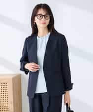 KBDFE20109 a.v.v(アー・ヴェ・ヴェ) 【洗える/UVカット】リネンライクストレッチノーカラージャケット ネイビー